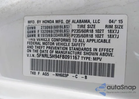 2015 Honda Odyssey Touring/Touring Elite from USA, damaged, VIN 5FNRL5H94FB091167